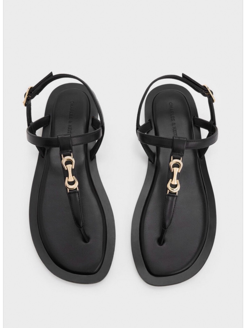 Charles & Keith Black T-Bar Sandals with Gold Buckle Detail